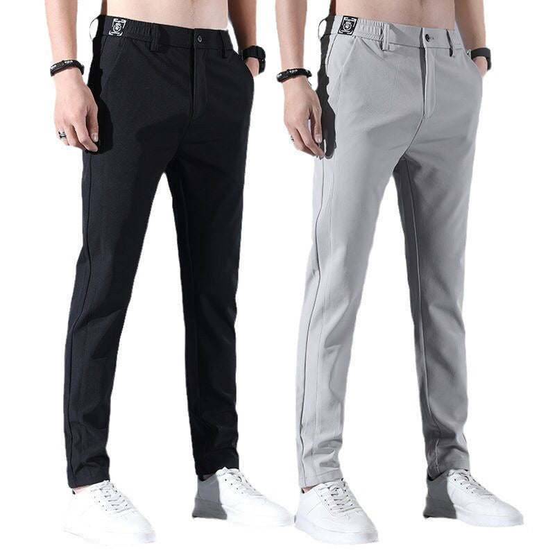 Mens Ice Silk All-Match Elastic-Waist Casual Pants With Fleece Lining For Autumn
