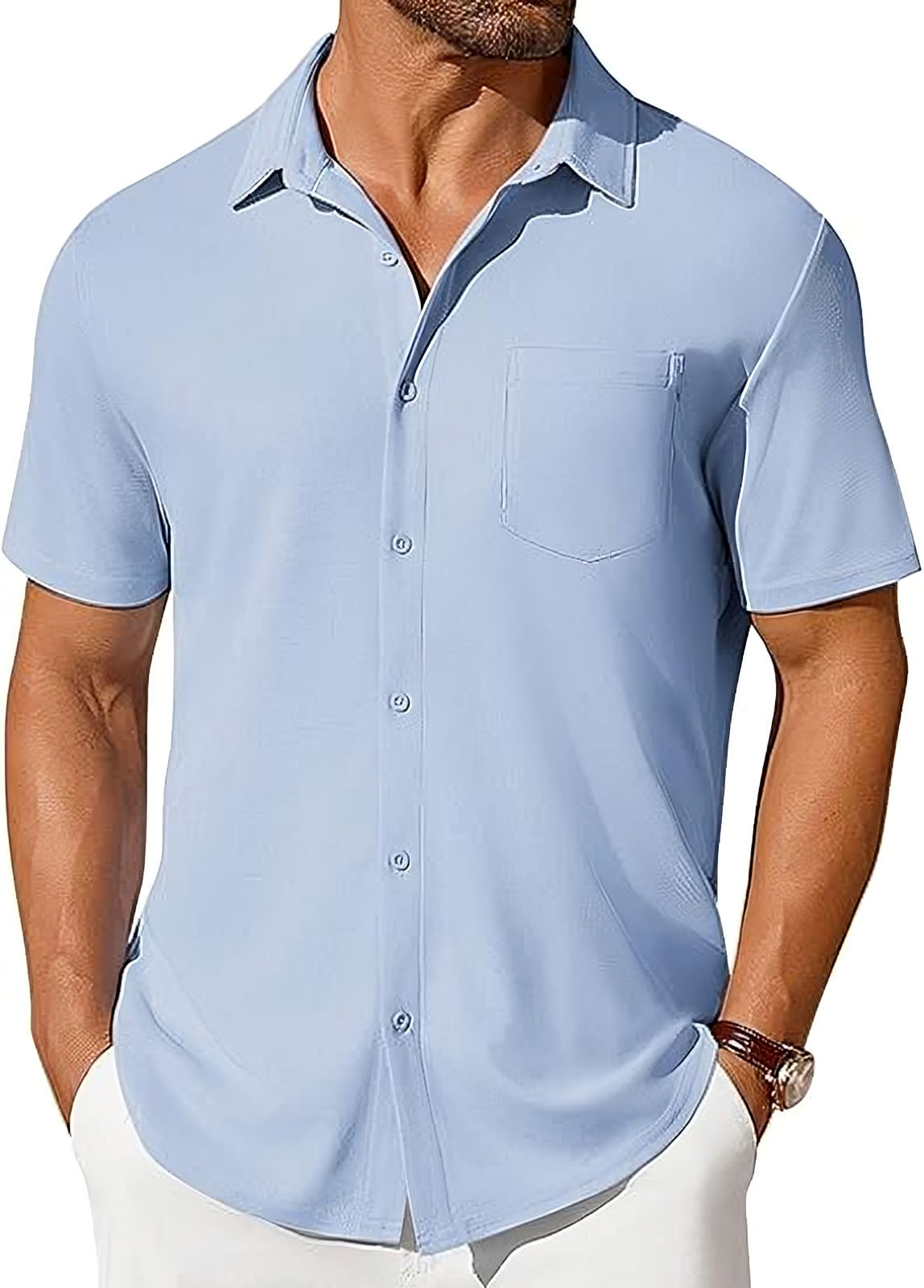 Mens Short-sleeve Button-up Wrinkle- And Crease-resistant Shirt